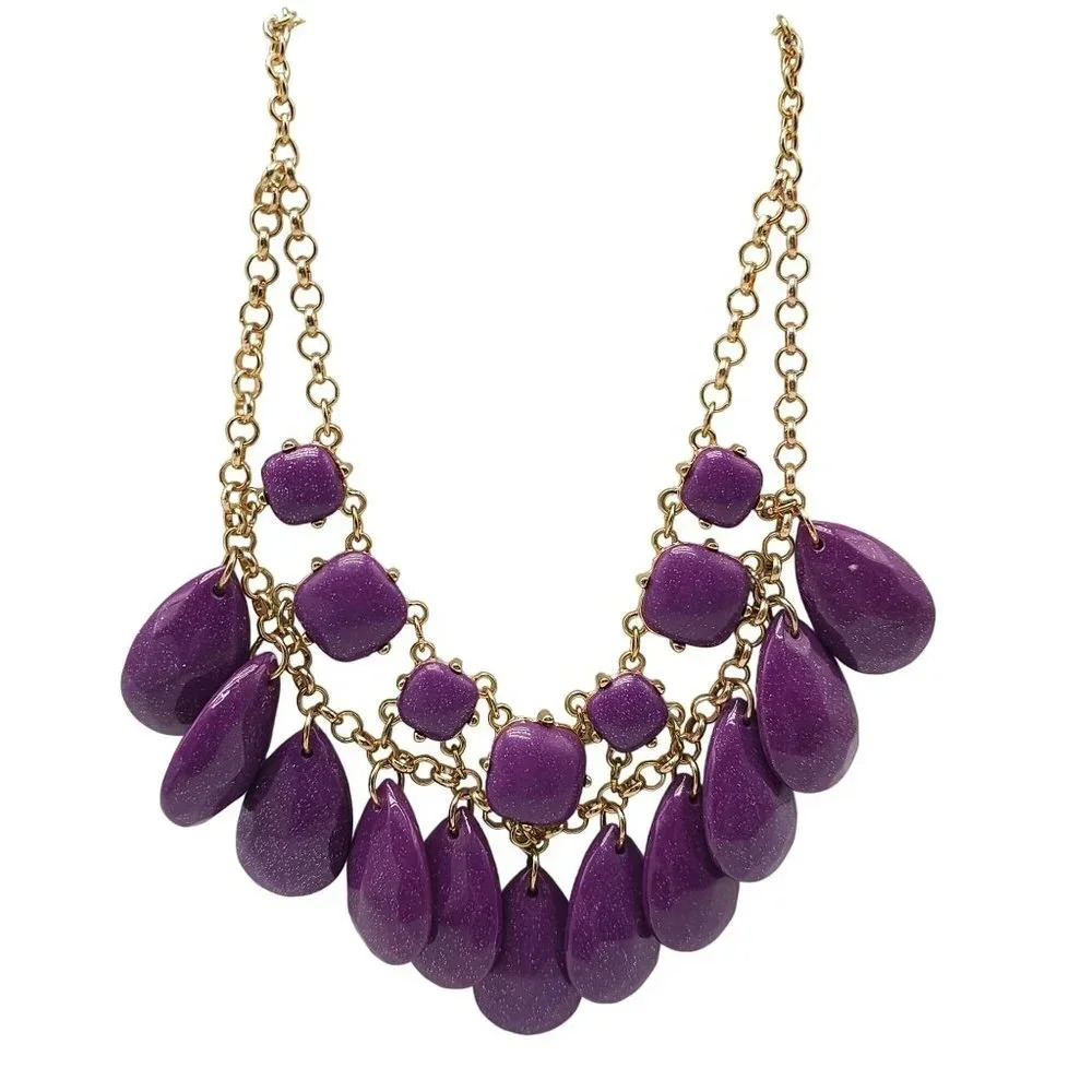 INC Purple Teardrop Acrylic Statement Necklace Lobster Closure Gold Tone Vintage